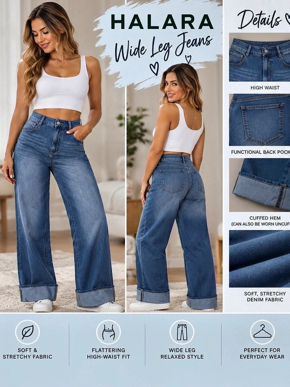 HALARA Wide Leg Jeans in Blue Like New